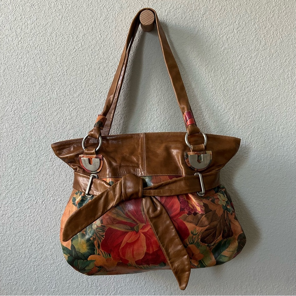 NEW Mira Flores Leather Floral Handbag Front Tie Detail Zipper Closure Shoulder